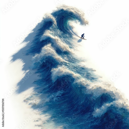 Surfer riding majestic wave ocean shore action photography natural landscape aerial view thrilling adventure