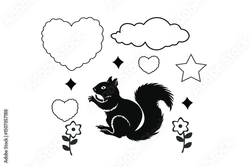 Cute Squirrel Silhouette with Whimsical Elements