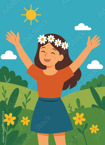 Happy Girl with Flower Crown Enjoying Summer Outdoors. Colorful vector illustration of a cheerful girl wearing a flower crown, standing with arms raised in a sunny summer landscape.