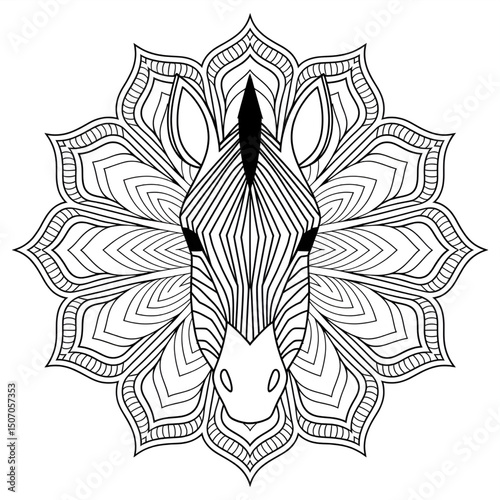 A black and white mandala zebra head illustration line art of a coloring page 