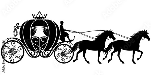 Silhouette illustration of a pumpkin-shaped carriage with two horses