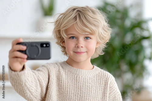 Happy Boy Taking a Selfie with Smartphone Indoors – Generative AI Illustration