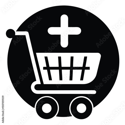 Shopping Cart With Plus Sign In Black Circular Isolated On White Backdrop