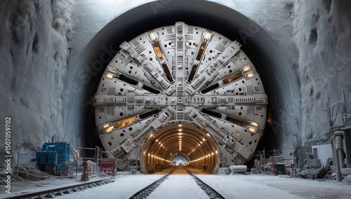 A massive tunnel boring machine is positioned inside an underground tunnel, surrounded by industrial equipment and tracks.