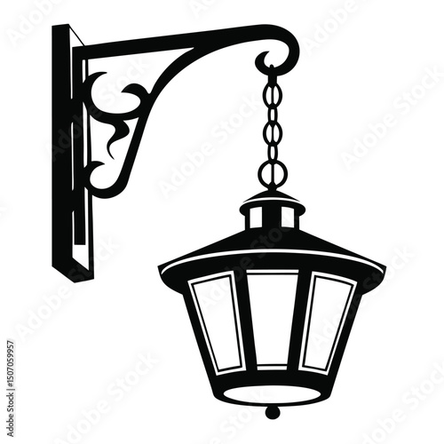 Black Ornamental Lantern Silhouette Hanging by Chain on Decorative Wall Mount