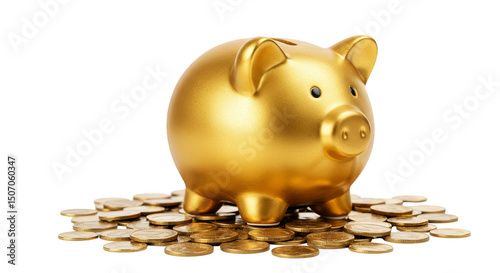 Isolated Transparent Background of Gold Piggy Bank on Gold Coins