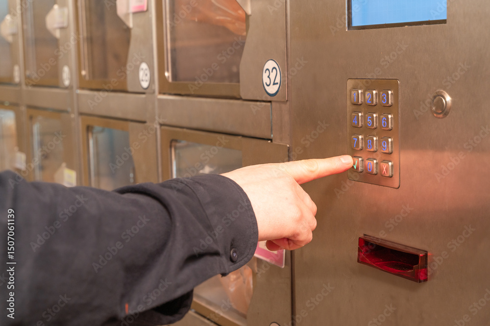 Naklejka premium A person is pressing a button labeled with the number 32