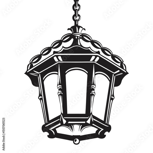 Ornate Metal Hanging Lantern, Detailed Silhouette Design, Vintage Style