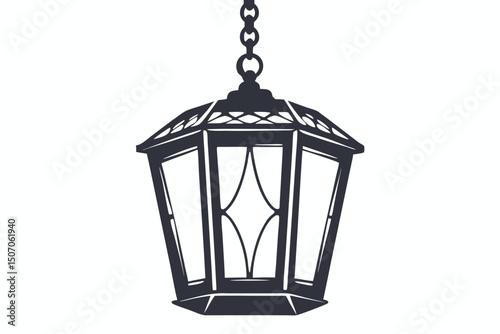 Decorative Hanging Lantern Silhouette, Ornate Metal Frame, Chain Suspended, Dark Gray