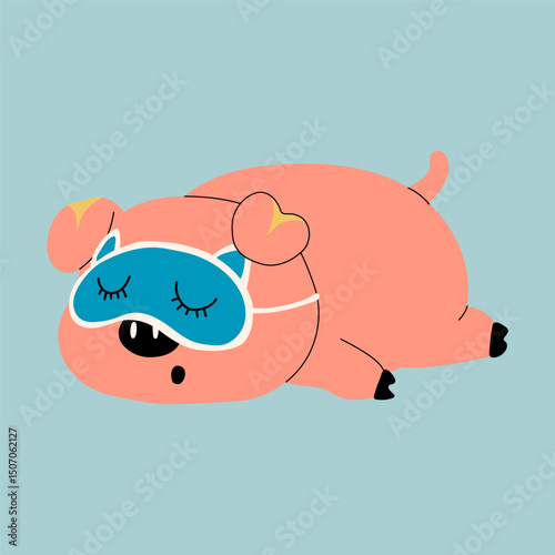 A cute cartoon pink pig peacefully sleeping while wearing a sleep mask. A cozy and charming illustration perfect for bedtime, nursery themes