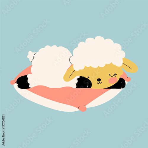 A sweet cartoon sheep peacefully dreaming, with a soft and fluffy appearance perfect for bedtime, nursery themes, or relaxing visual designs