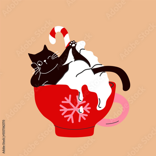 A festive hot cocoa mug filled with whipped cream and joy featuring an adorable cat nestled inside. 