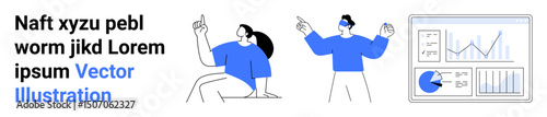 Two individuals gesturing creatively and a data dashboard featuring charts and graphs. Ideal for teamwork, brainstorming, data analytics, business strategy, modern marketing, education, simple