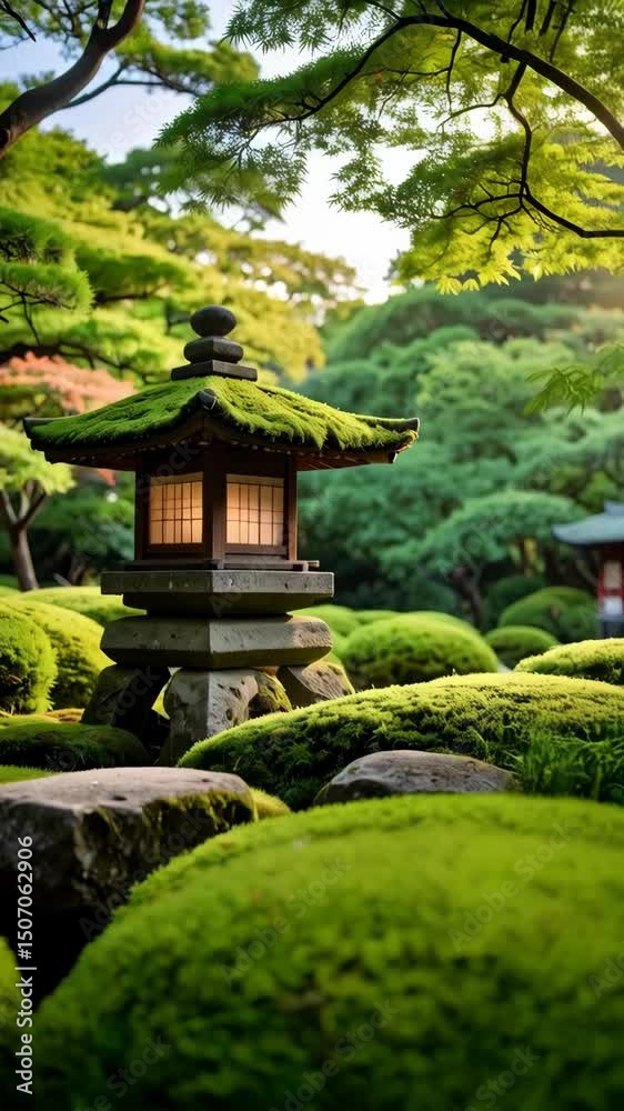 Stone lantern adorned with moss, nestled amongst manicured green shrubs in a traditional garden setting Stone lantern adorned with moss, nestled amongst manicured green shrubs in a traditional garden setting