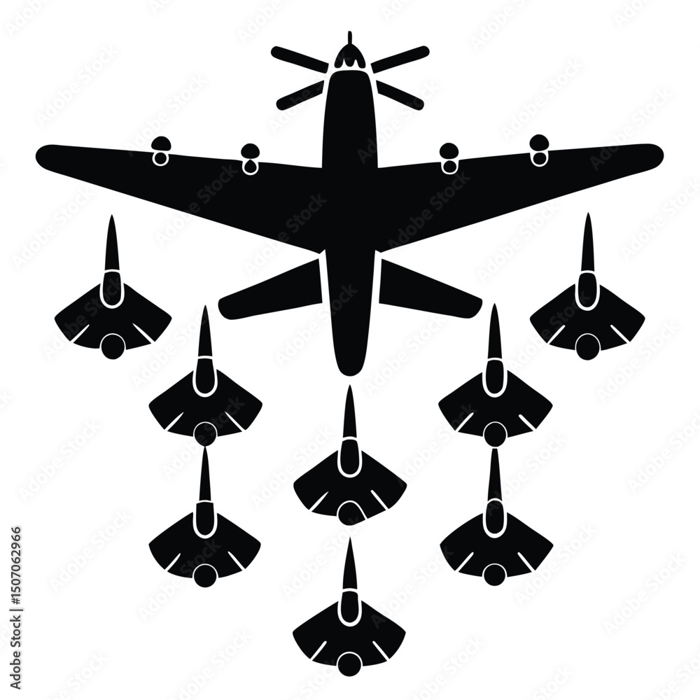 Fototapeta premium Vintage Bomber Plane with Escort Fighters in Black and White