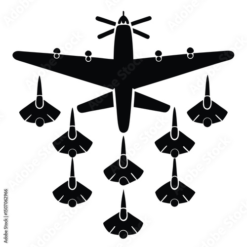 Vintage Bomber Plane with Escort Fighters in Black and White