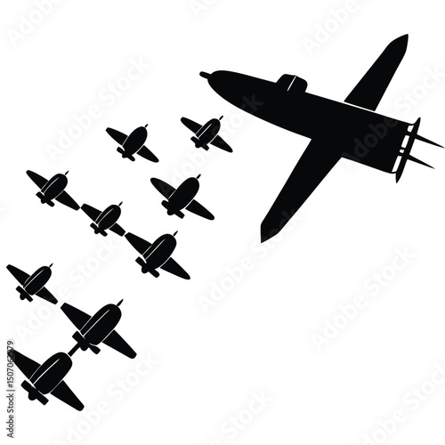 Formation of Aircraft in Black Silhouette Against White Background