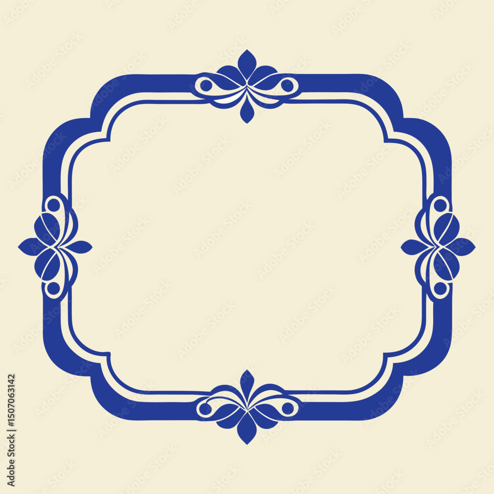 Elegant Blue Ornamental Frame with Floral Accents on Beige Background