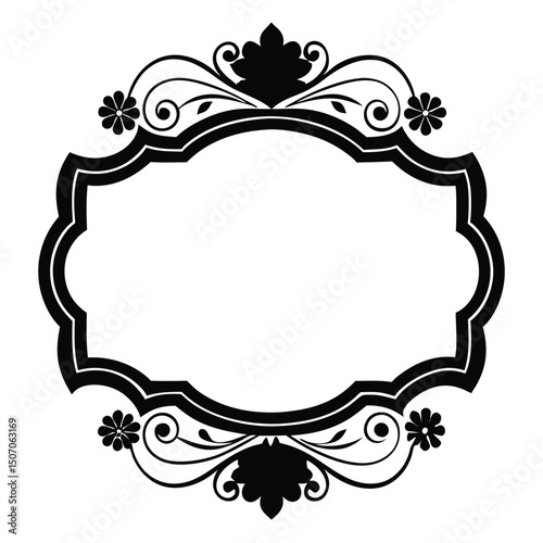 Elegant black floral frame with ornate details for invitations and designs