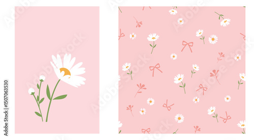 Seamless pattern with daisy flower and ribbon bows on pink background. Daisy flower vector.