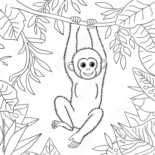 A black and white monkey illustration line art of a coloring page 