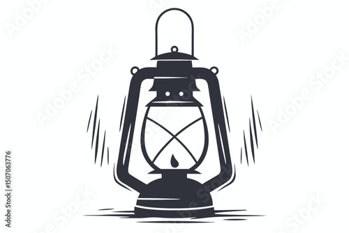 Antique Black Lantern with Light Rays on White Background, Minimalist Style