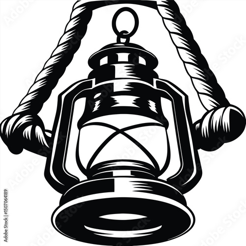 Black and White Line Art of an Antique Kerosene Lantern with a Rope Handle