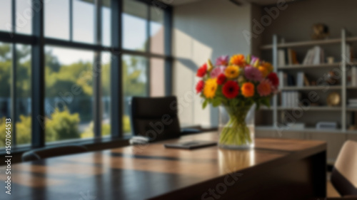 Beautiful blurred background of a light modern office interior with panoramic windows and beautiful lighting.