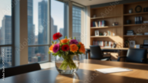 Beautiful blurred background of a light modern office interior with panoramic windows and beautiful lighting.