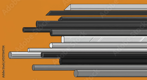 Collection of metallic rods and tubes arranged on an orange background showcasing various lengths and diameters