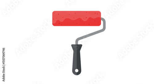 Painting with a red roller in a home interior at midday during a renovation project