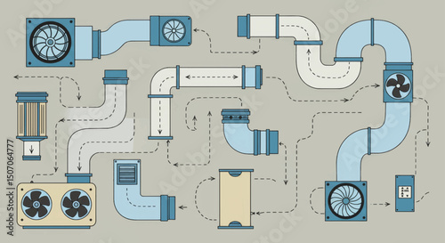 Detailed diagram of air duct system illustrating airflow in a modern building layout