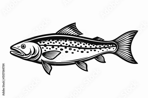 Black and White Illustration of a Spotted Fish with Fins and Tail Detail