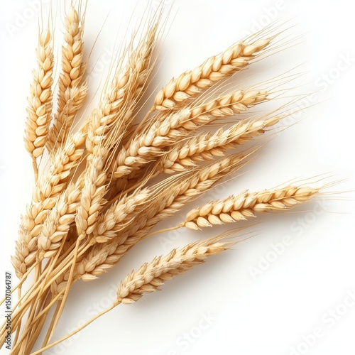 A bundle of golden wheat sheaves against a white background.