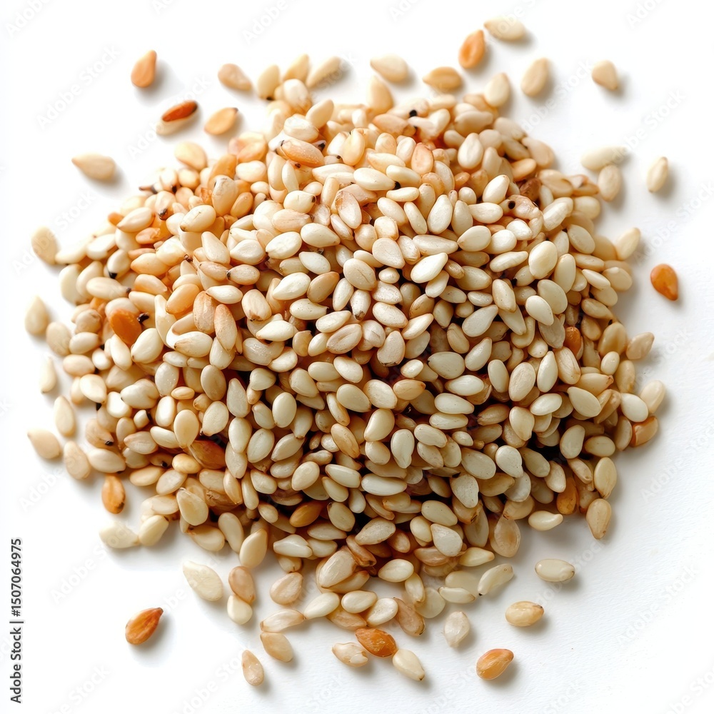 Fototapeta premium A close-up view of fresh, organic sesame seeds on a white background.