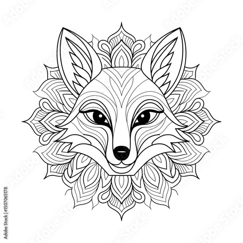 A black and white mandala fox head illustration line art of a coloring page