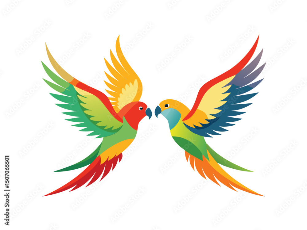 Fototapeta premium Two colorful parrots in flight isolated on white background 