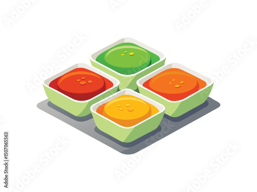 Four colorful sauces in bowls isolated on white background
