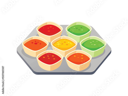 Six colorful sauces in small bowls isolated on white background
