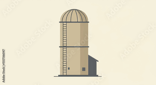 Tall cylindrical structure with domed roof and ladder designed for viewing at sunset