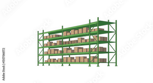 Storage shelving unit filled with various boxes in a warehouse setting during daylight