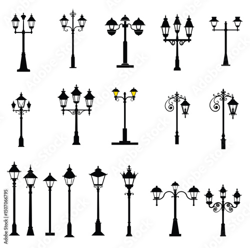 Street lamp post silhouette vector on white background, Elegant Collection of Classic Streetlight Illustrations  A Diverse Range of Vintage and Modern Street Lamp Designs 