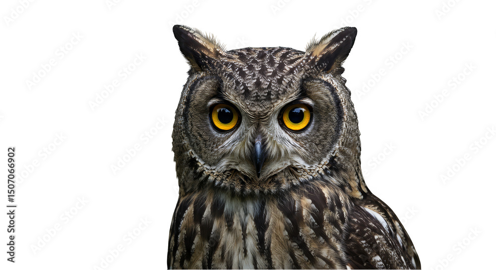 Fototapeta premium Isolated Transparent Background Portrait of a Brown Owl with Yellow Eyes