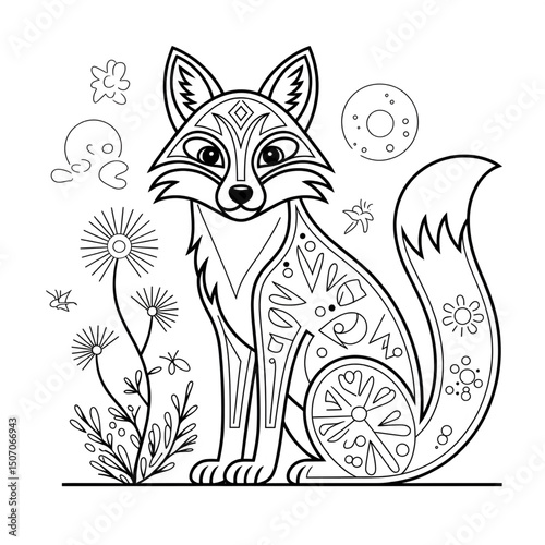 A black and white fox illustration line art of a coloring page