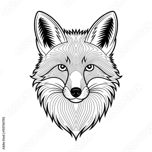 A black and white fox head illustration line art of a coloring page