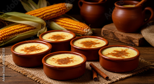 Traditional Brazilian dessert curau in clay bowls with cinnamon, rustic decor and corn background.
