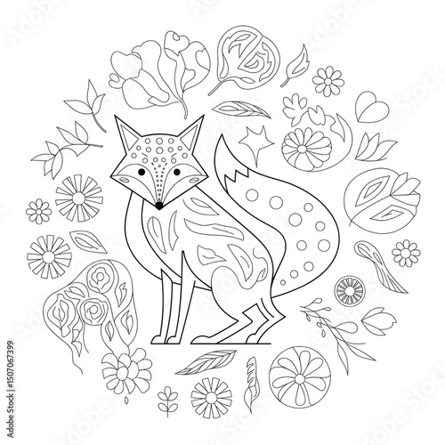A black and white fox illustration line art of a coloring page