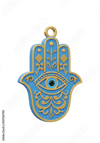 Illustration of Hamsa Hand Amulet with Gold and Blue Design Isolated