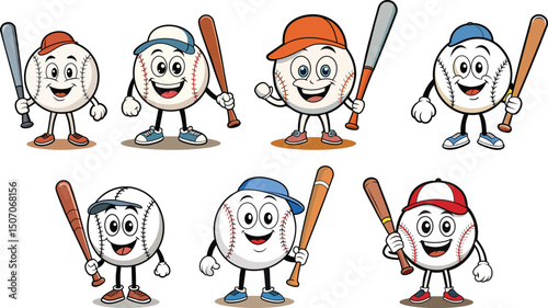 set of cartoon baseball characters mascot vector illustration, softball cartoon character