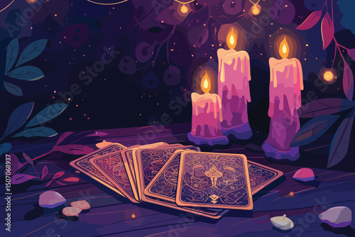Fortune teller room with magic ball and tarot cards on table with red cloth. Vector cartoon interior of magician room with occult accessories for fate prediction, crystal, palmistry hand and candles